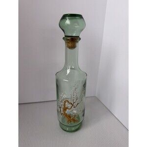 Vintage 1960's Green Glass Liquor Alcohol Decanter Gold Tree White Blossom 12"